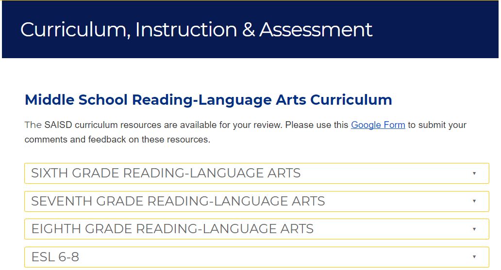 Link to ELAR curriculum website to access 6-8 ESL curriculum.